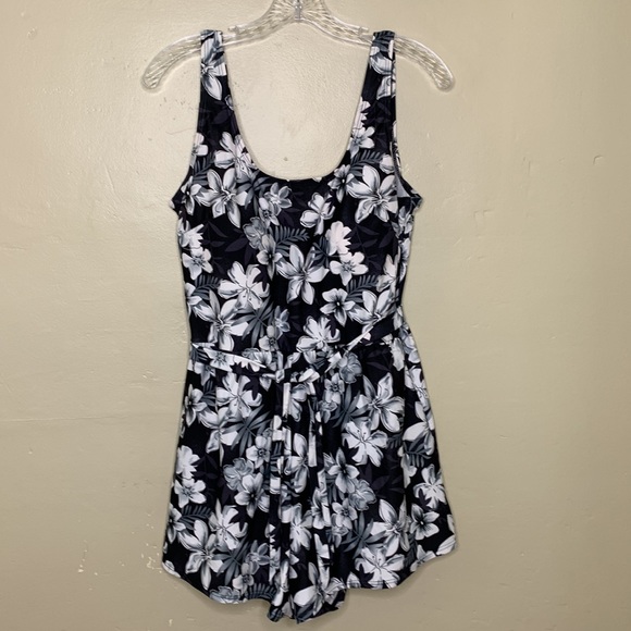 Blair Other - BLAIR Swimsuit Black Gray White Floral Romper One Piece Modest Scoop Back 18